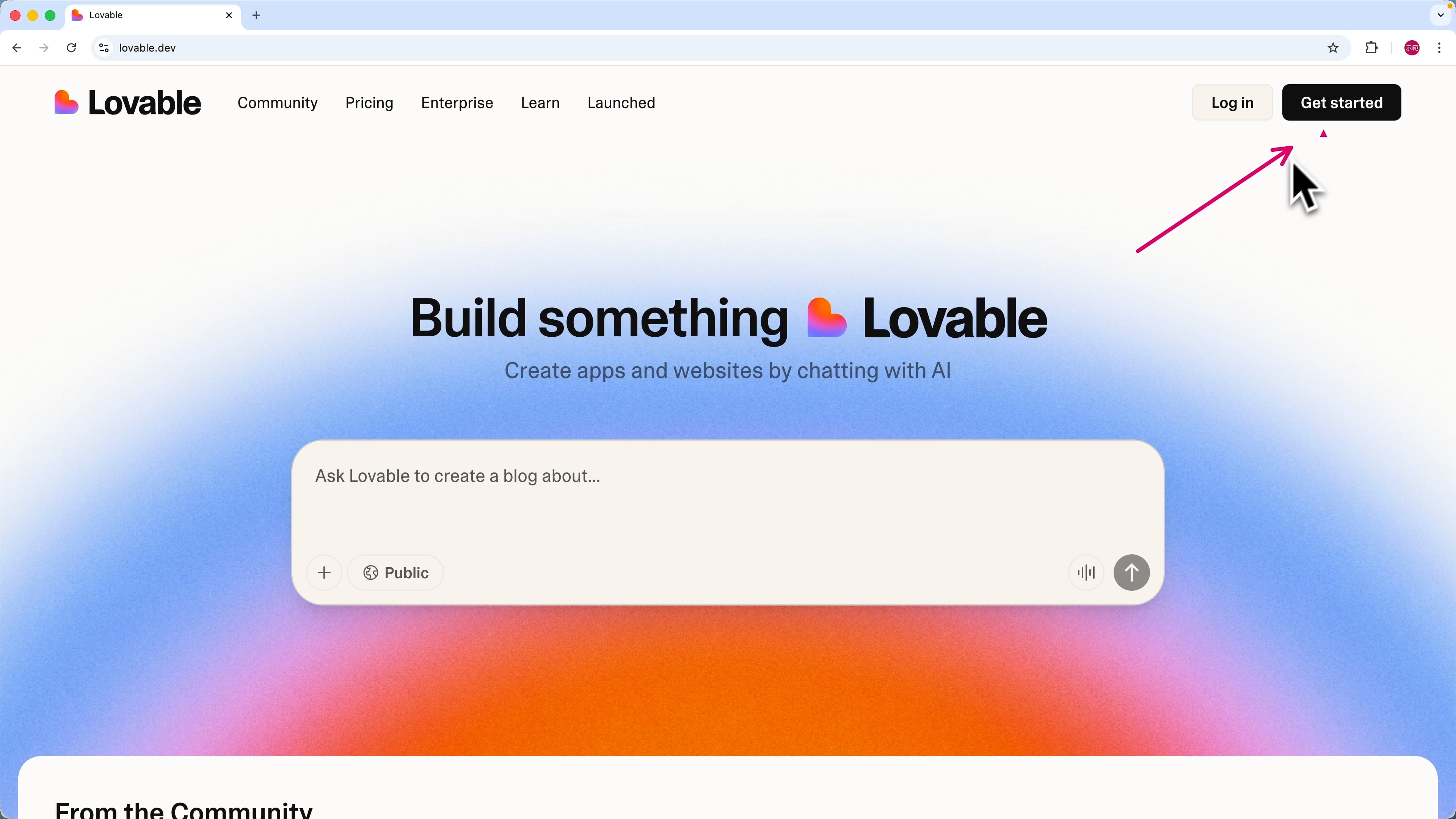 进到Lovable 官网，点击右上角的「Get Started」