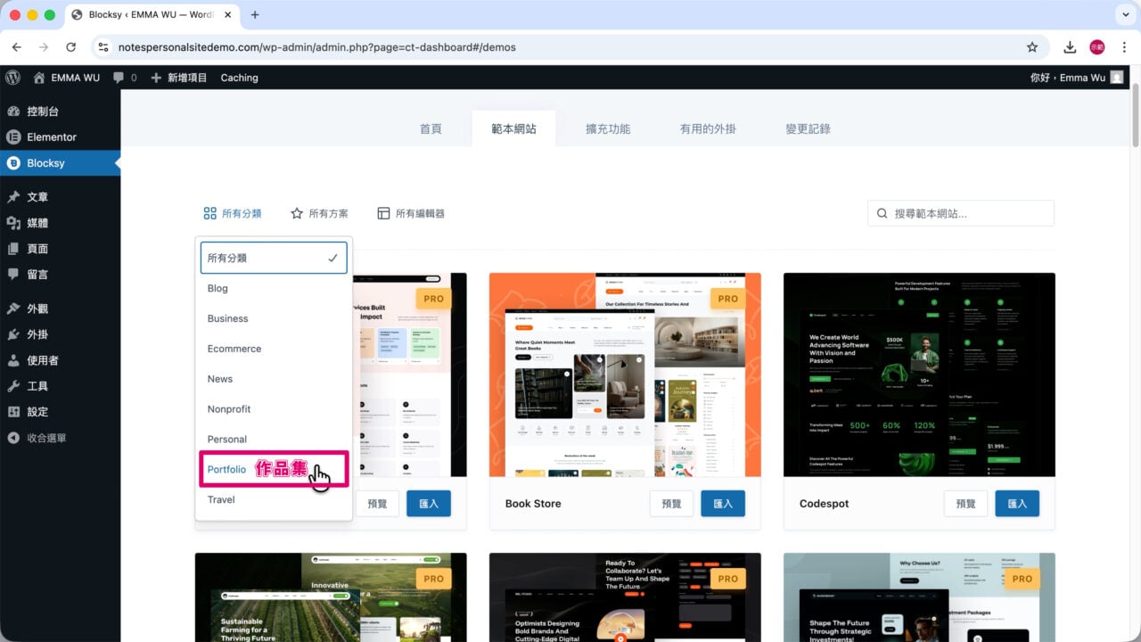 Blocksy 範本網站 Portfolio 分類