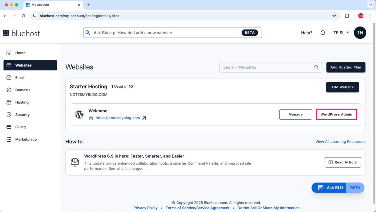 Bluehost WordPress Admin 網站後台