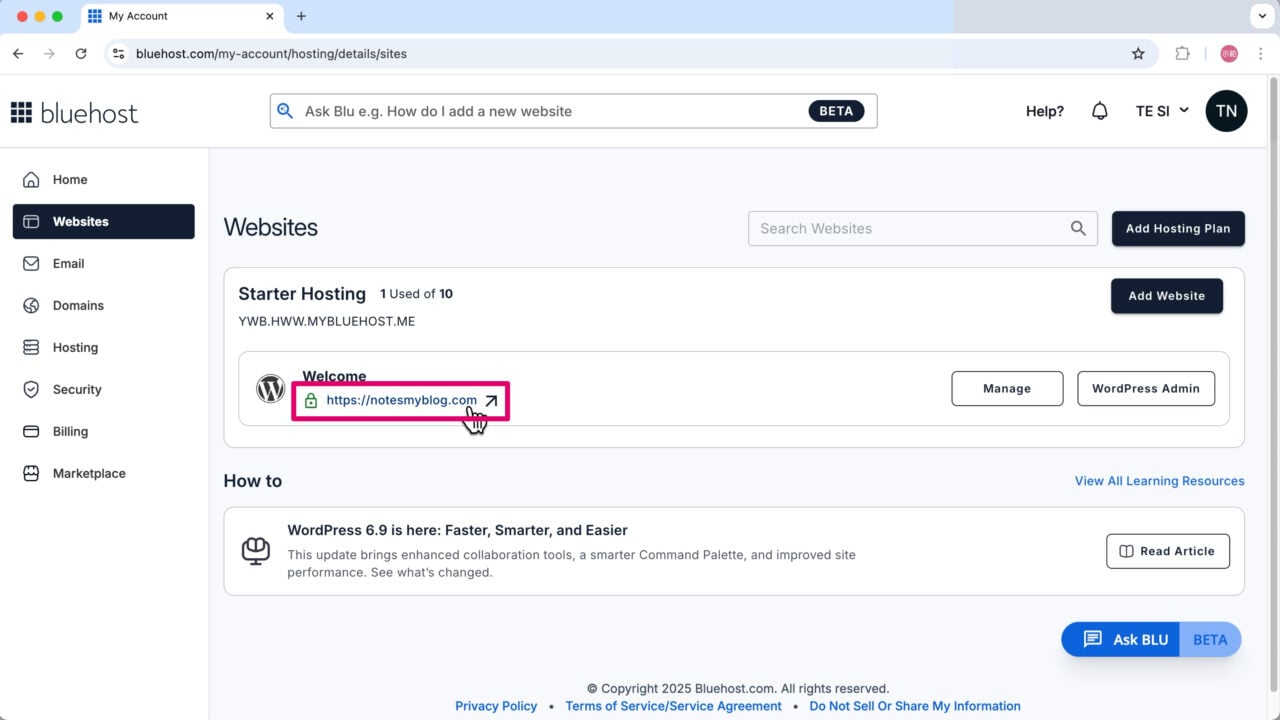 Bluehost 後台點擊域名開啟網站