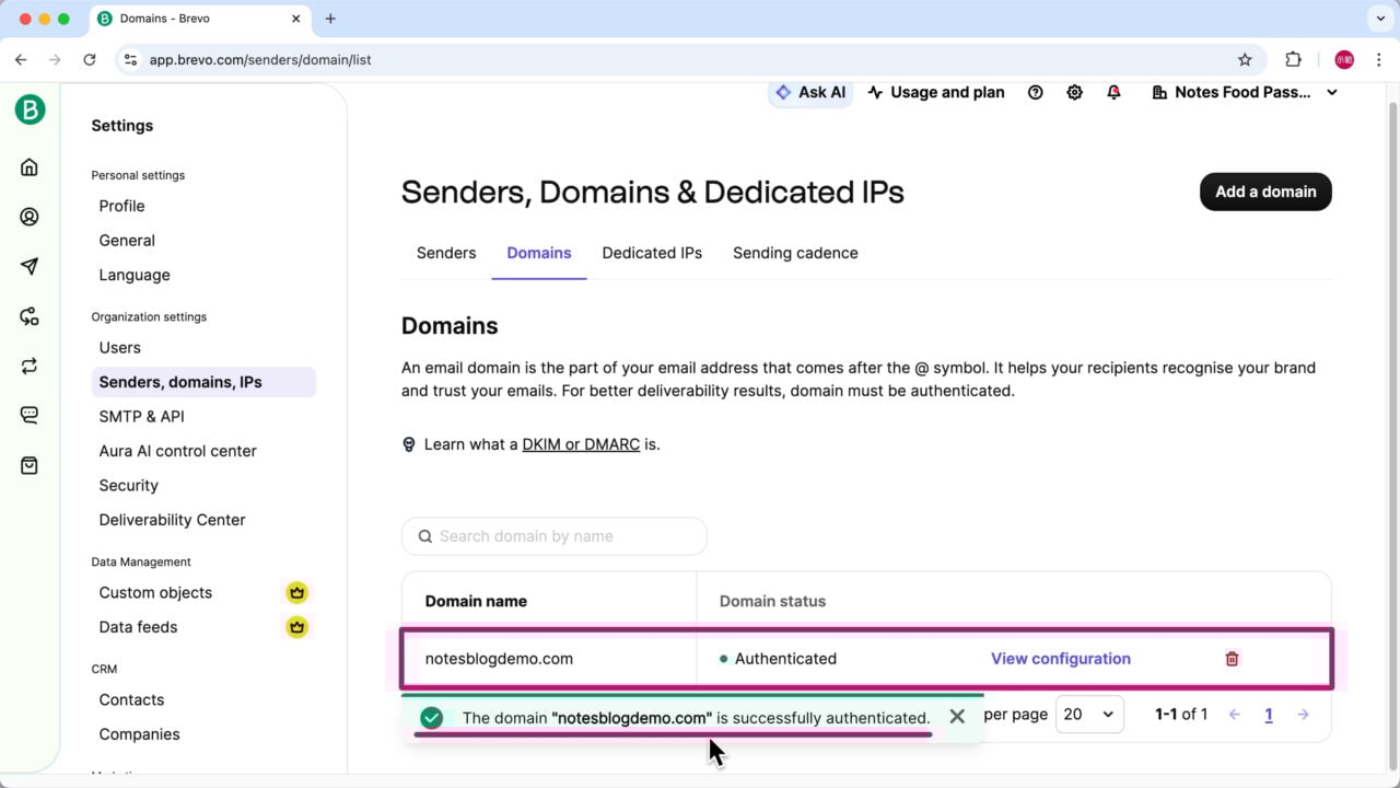 Brevo 驗證域名成功
