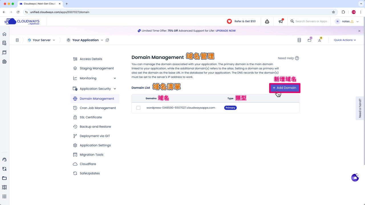 Cloudways 新增自訂域名