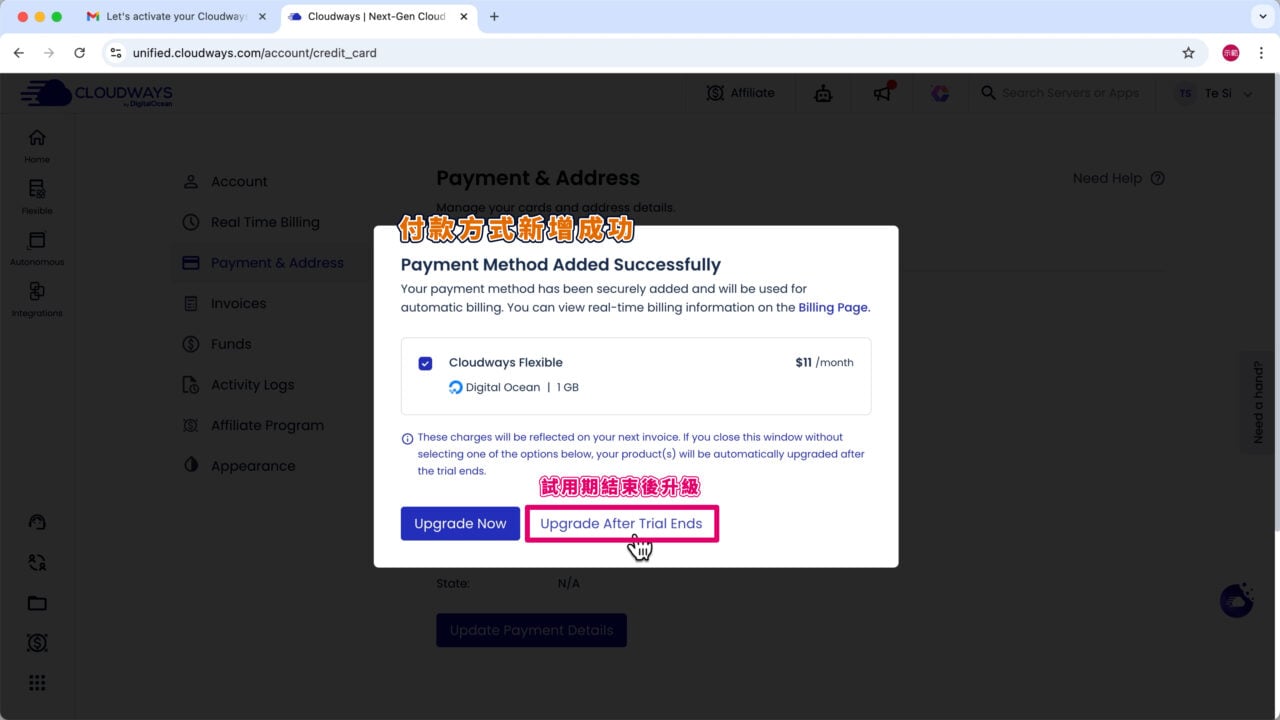 Cloudways 試用期結束後升級