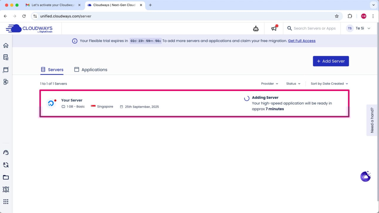 Cloudways主機自動安裝WordPress畫面