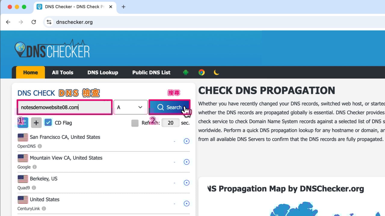 DNS checker 搜尋 A紀錄
