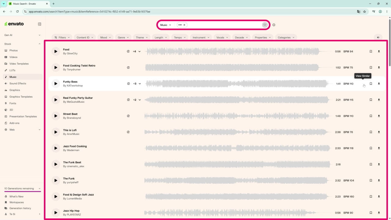 Envato 會依照這首音樂做為搜尋項目，推薦你類似風格的其他首音樂