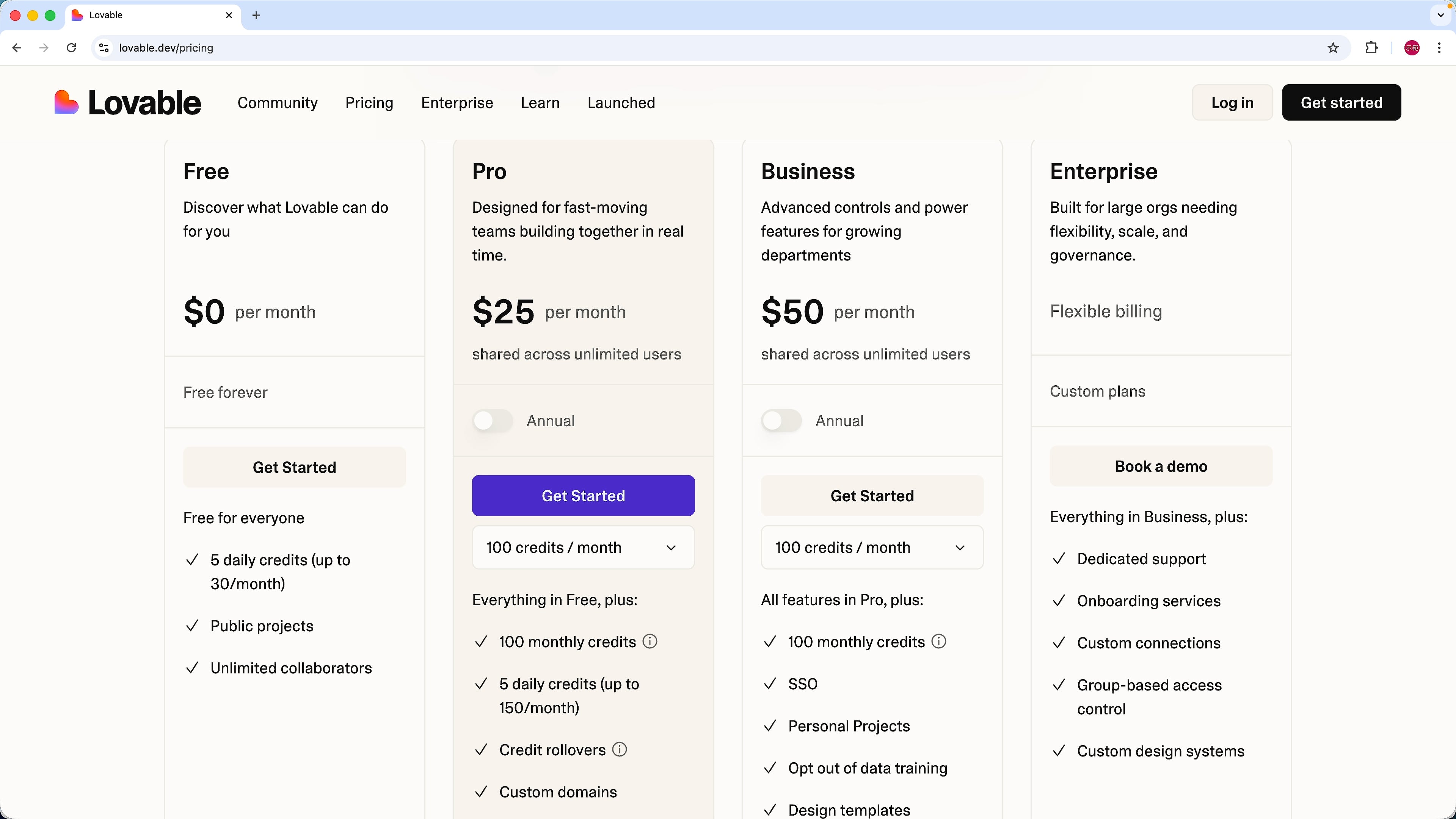 Lovable 官网Pricing 价格页面