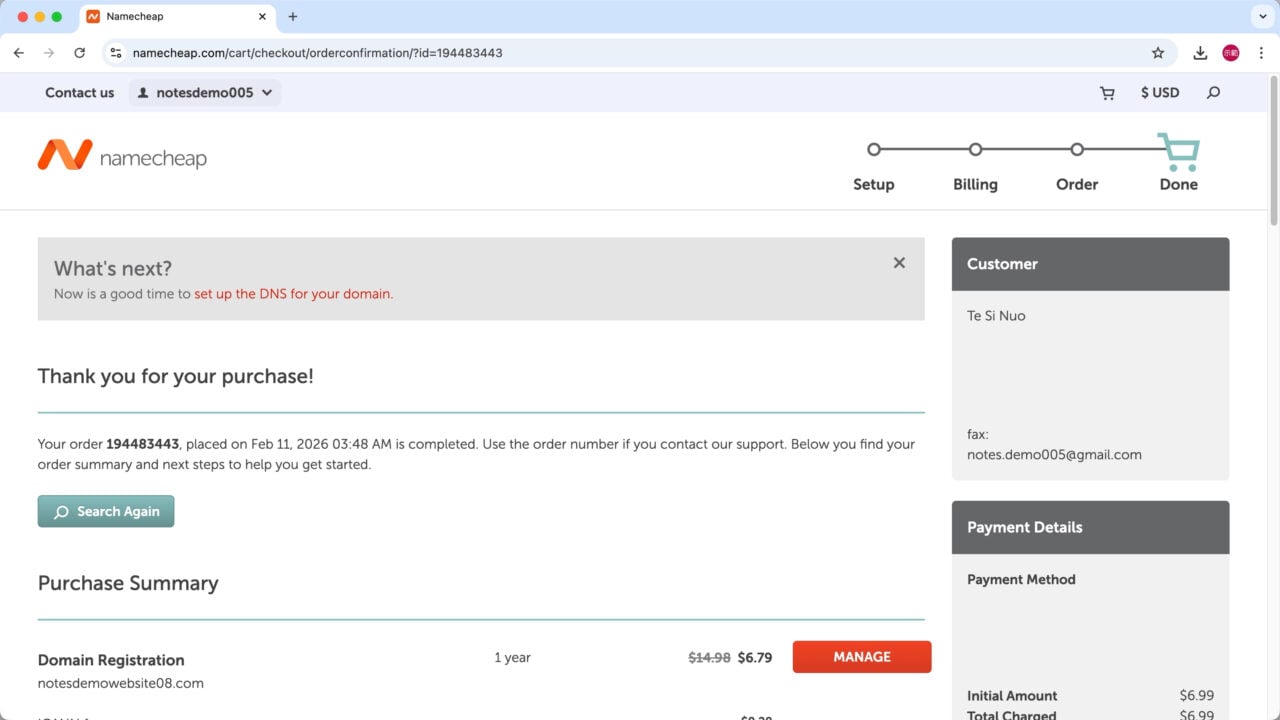 Namecheap 完成域名付畫面