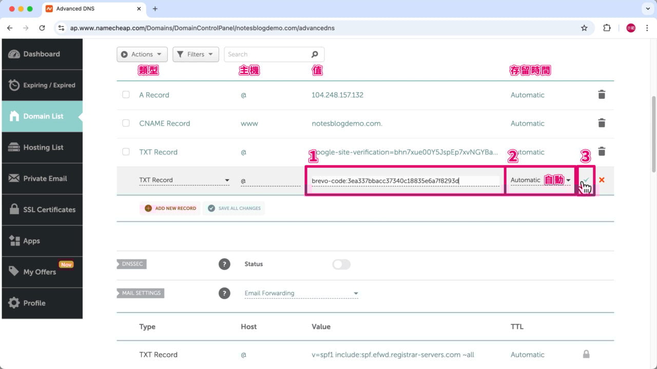 Namecheap 後台 TXT紀錄儲存