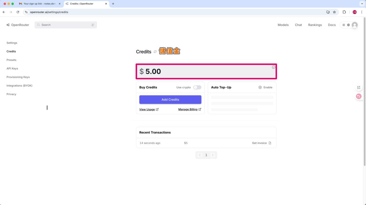 OpenRouter 儲值金入帳