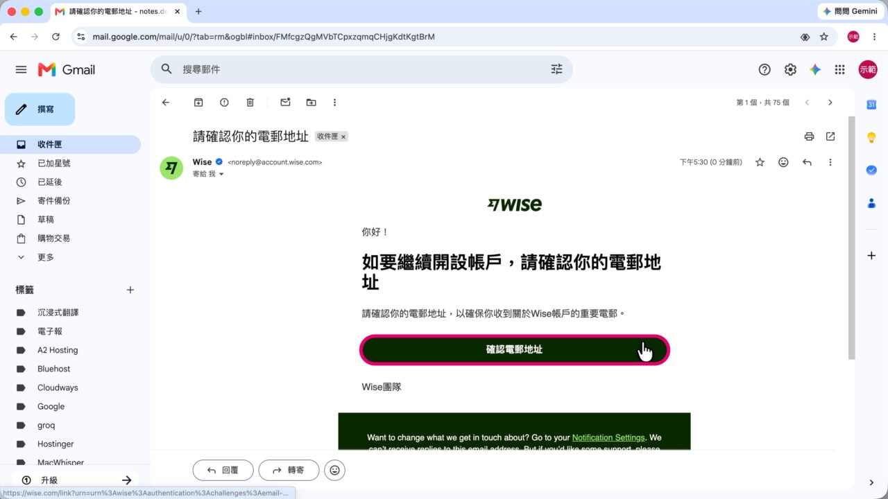 Wise 驗證信 確認電郵地址