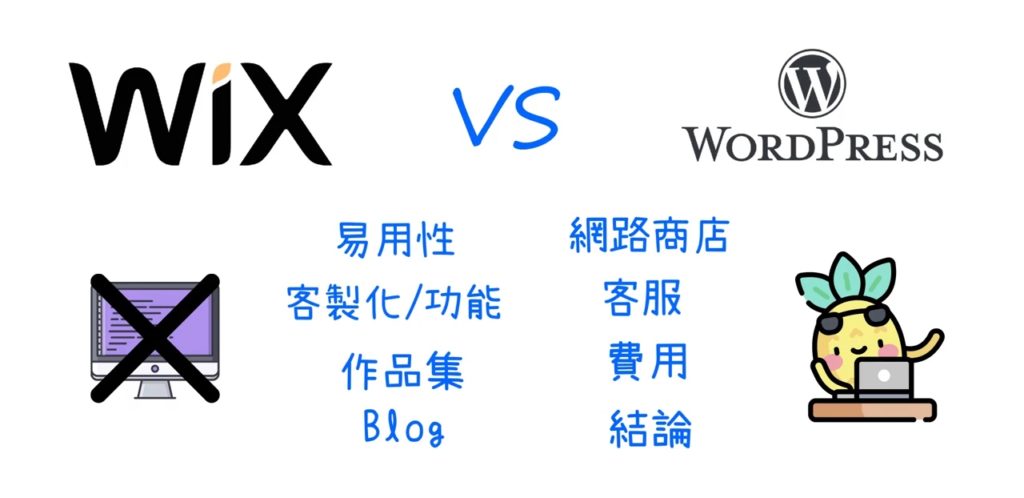 Wix vs WordPress比較的7個項目是費用、網路商店(購物車)、Blog(SEO)、作品集、客製化功能、客服