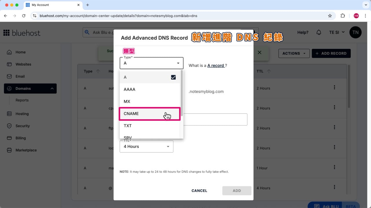 依照Brevo資料類型CNAME
