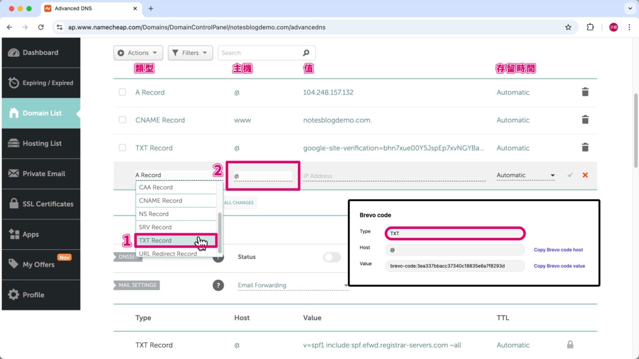 依照Brevo資料類型TXT主機@