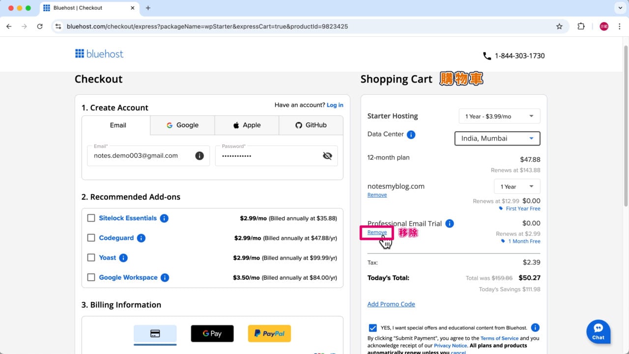 刪除 Bluehost 專業 Email 試用