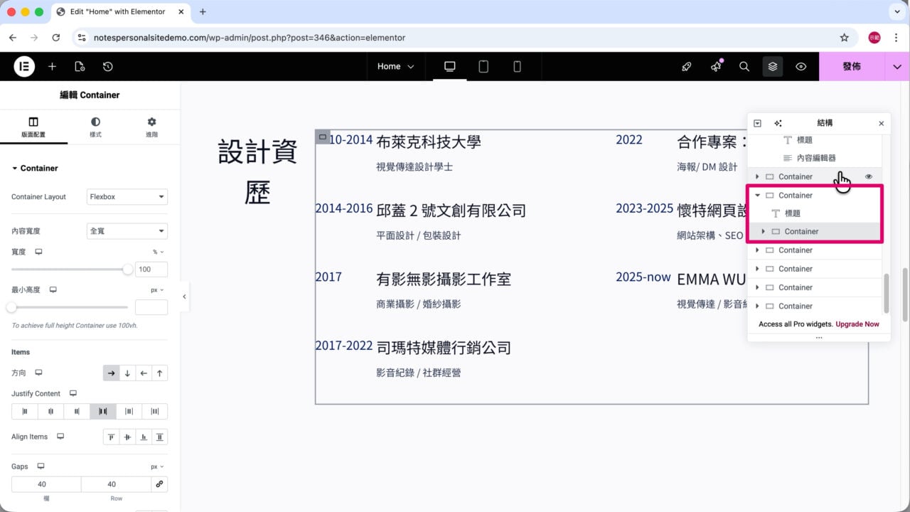 學經歷 Container 放標題下方