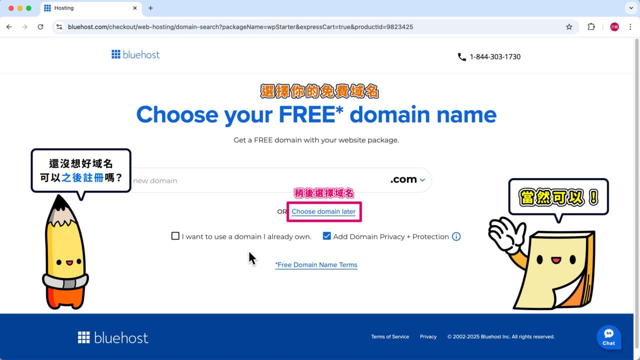 稍後選擇域名跳過註冊域名步驟