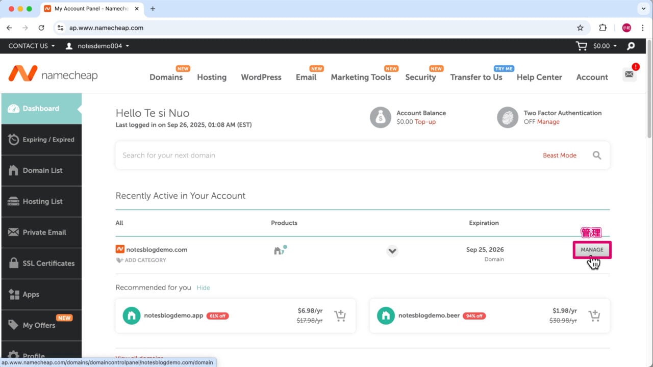 管理 Namecheap 後台域名