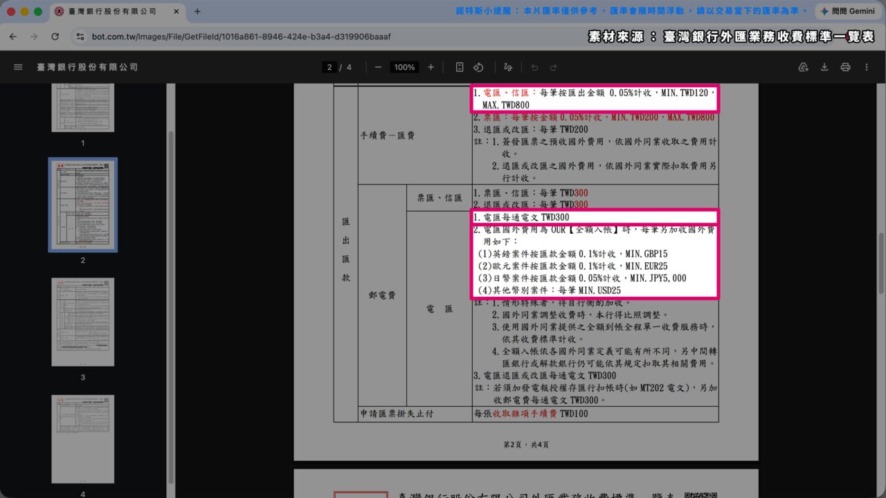 臺灣銀行跨國匯款收費