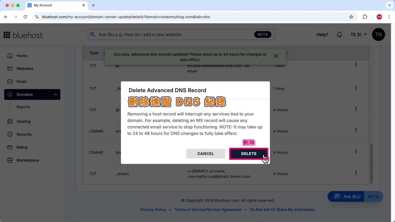 舊 TXT 紀錄 確認刪除進階 DNS 紀錄