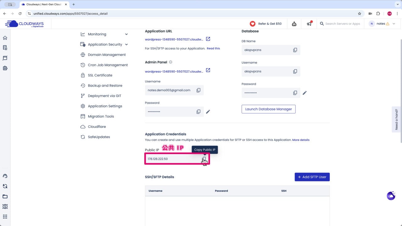 複製 Cloudways 公共 IP