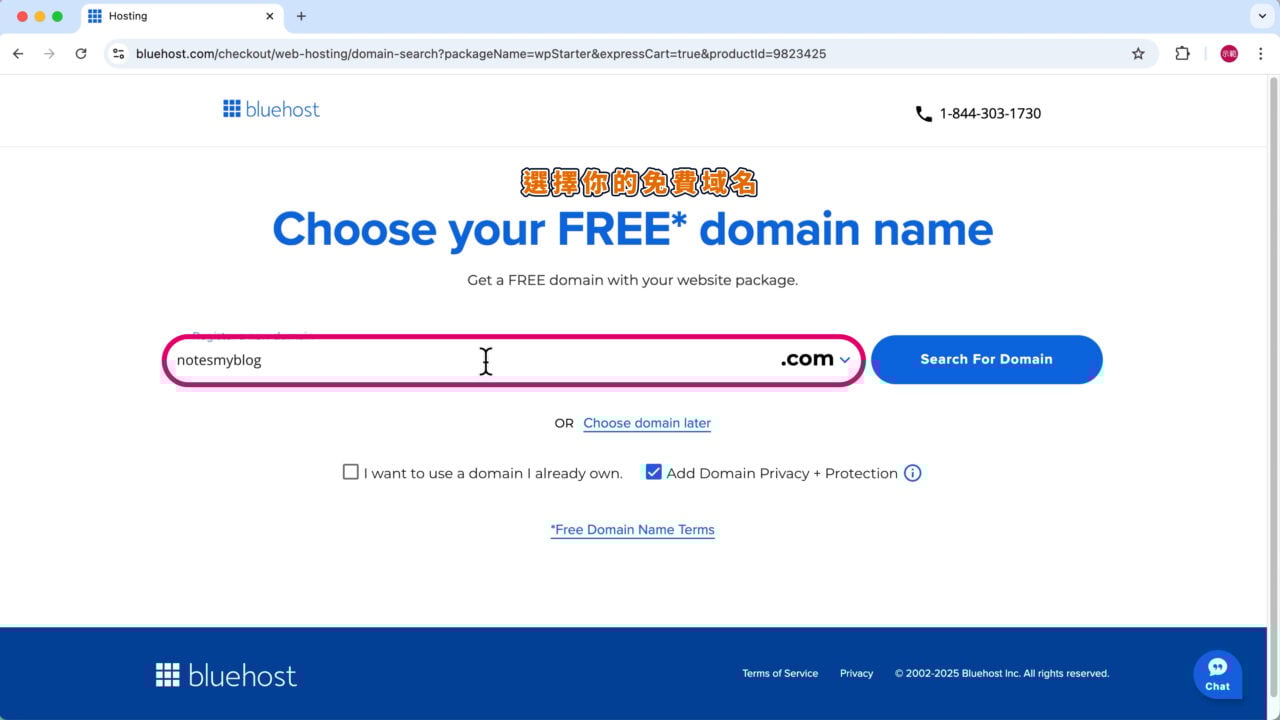 輸入註冊 Bluehost 新域名