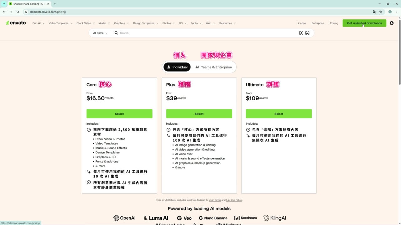 這裡可以看到 Envato 提供的幾種訂閱選擇