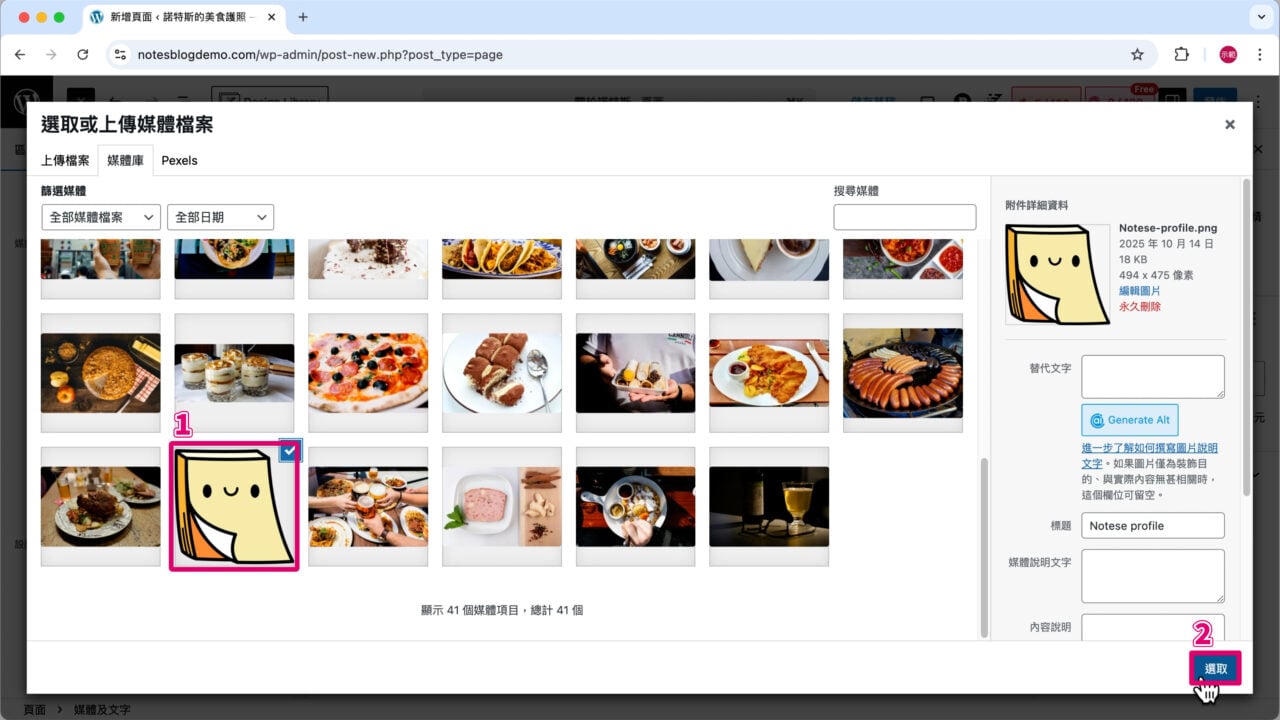 選取形象照插入頁面