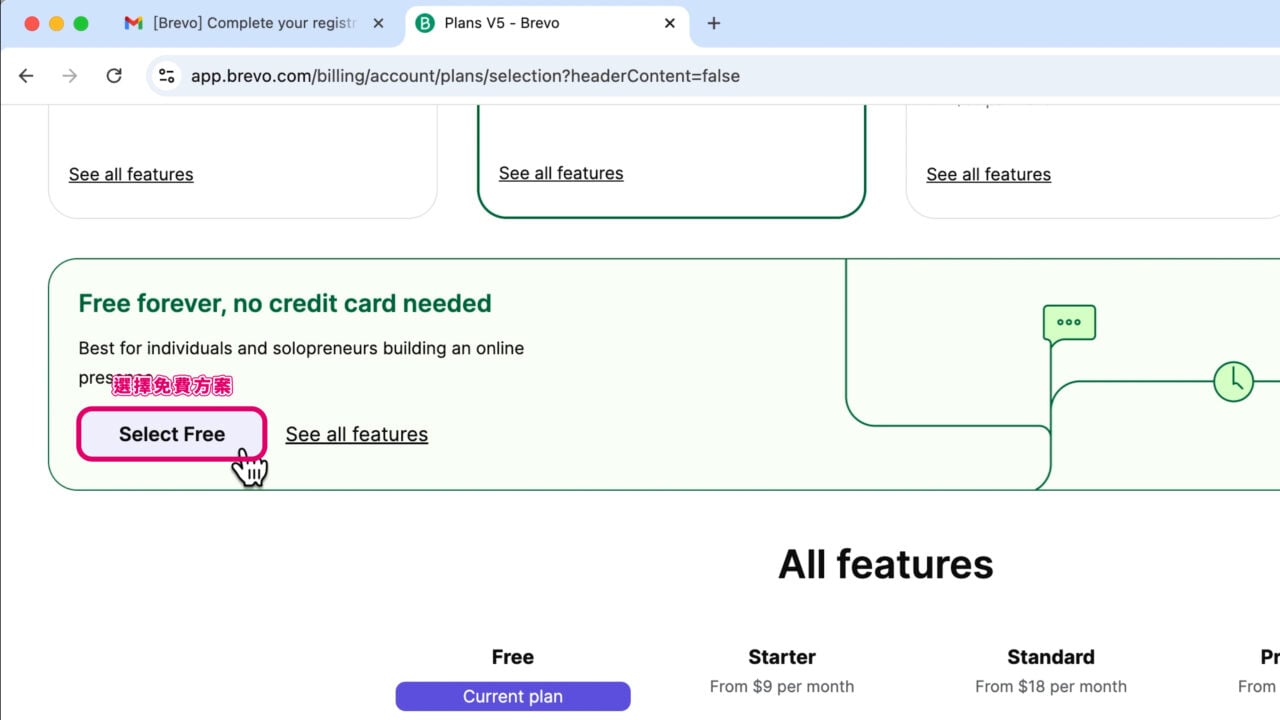 選擇 Brevo 免費方案