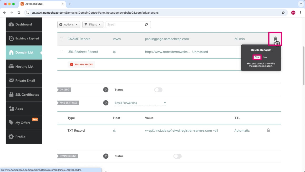 預設 DNS 紀錄 垃圾桶 Yes