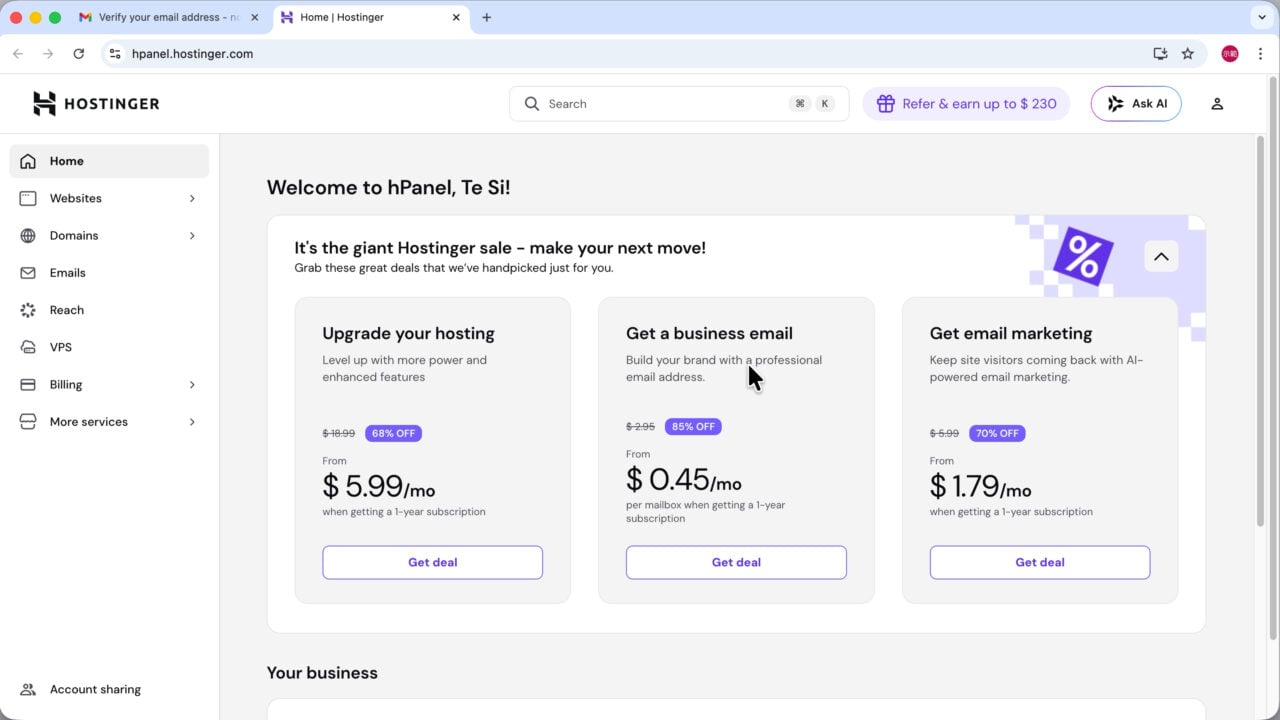 驗證 Hostinger 電子郵件成功