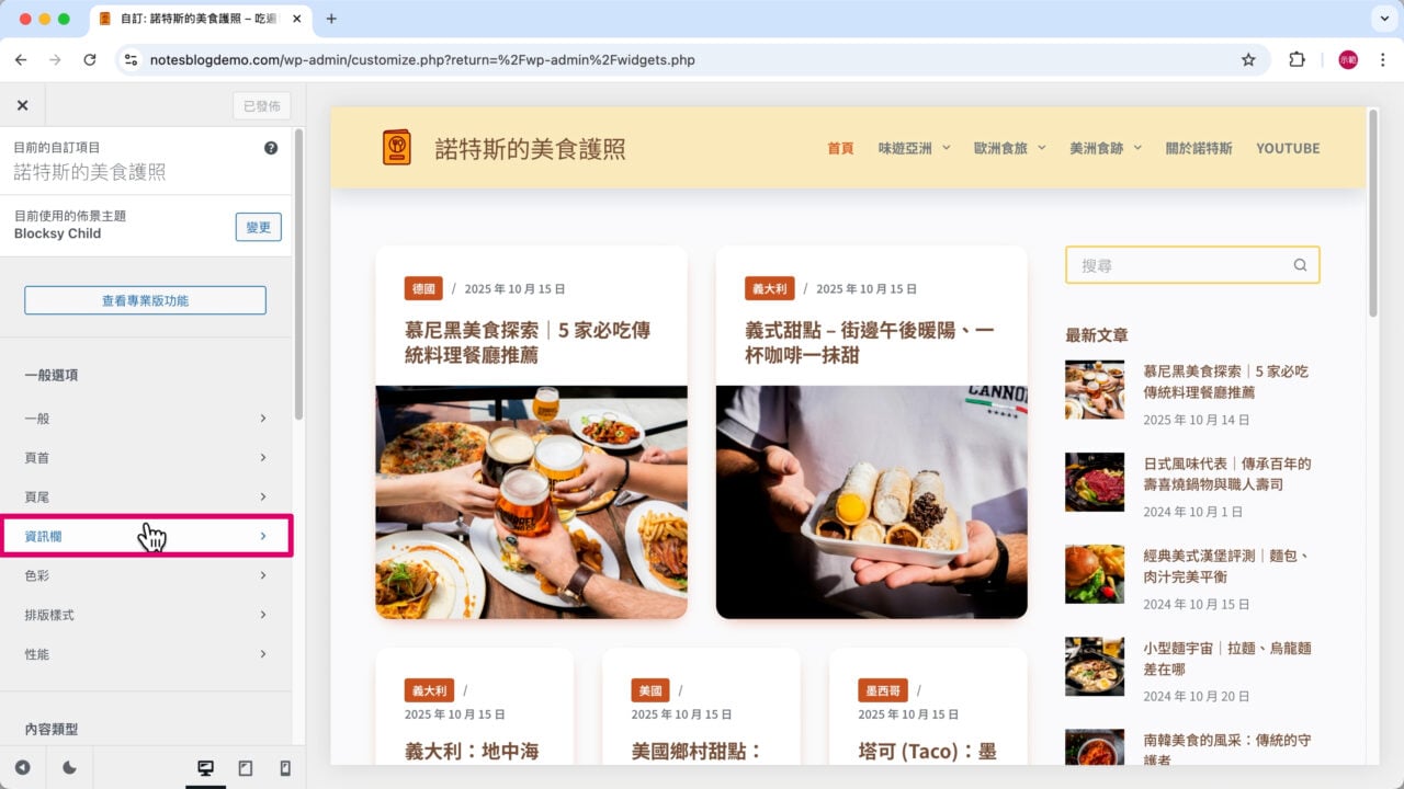 點擊一般選項 資訊欄